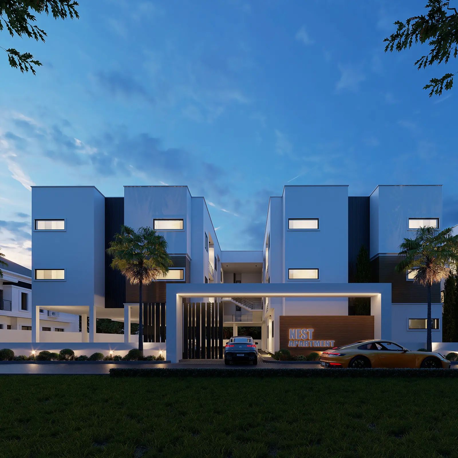 Dusk facade &mdash; front view